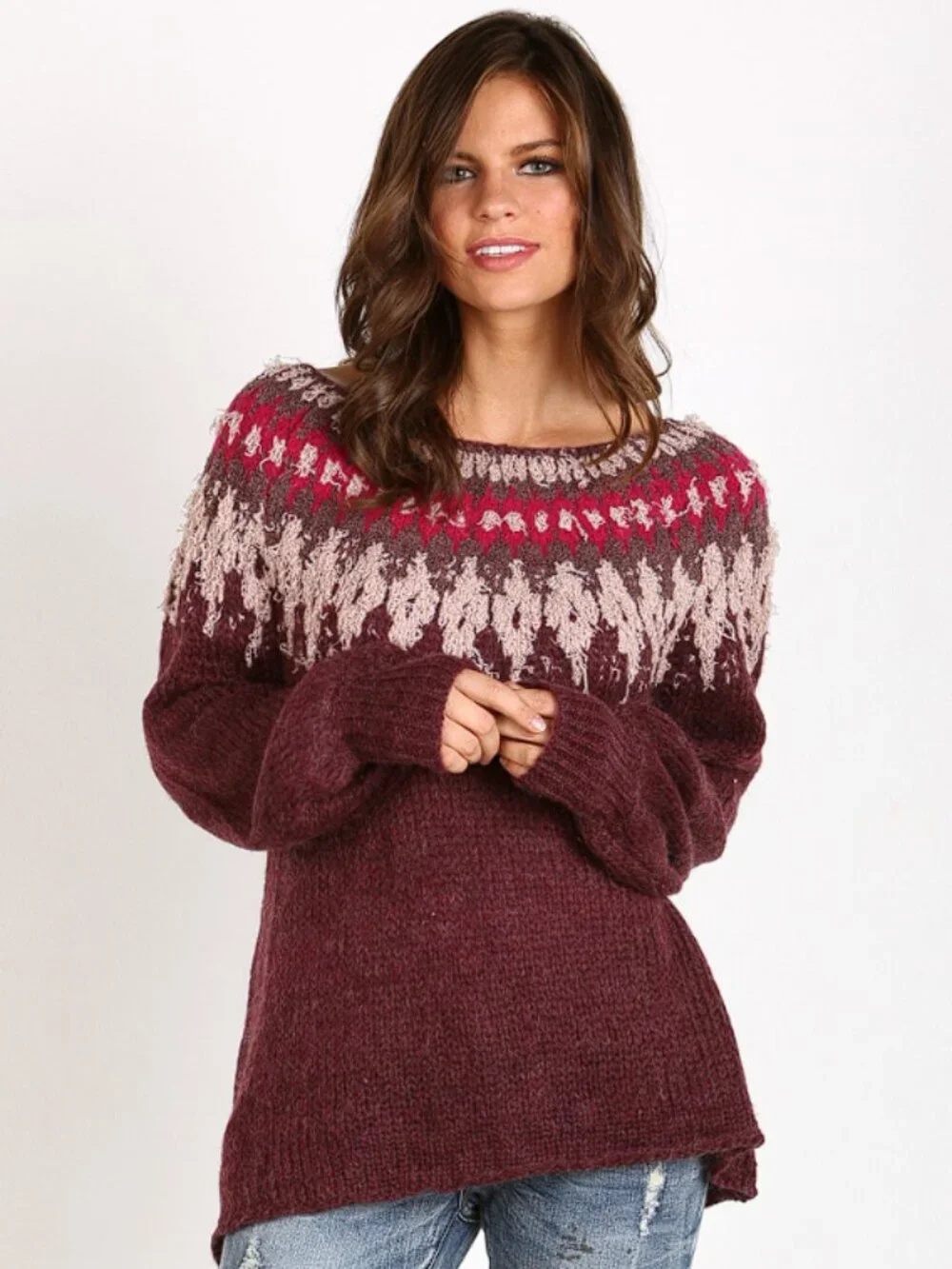 Free People Baltic Fair Isle Maroon Wool Alpaca blend Sweater (M) EUC